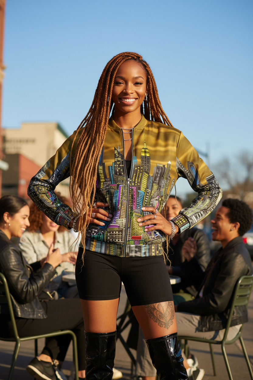 Woman outdoors wearing a Loria NYC Art people in the background