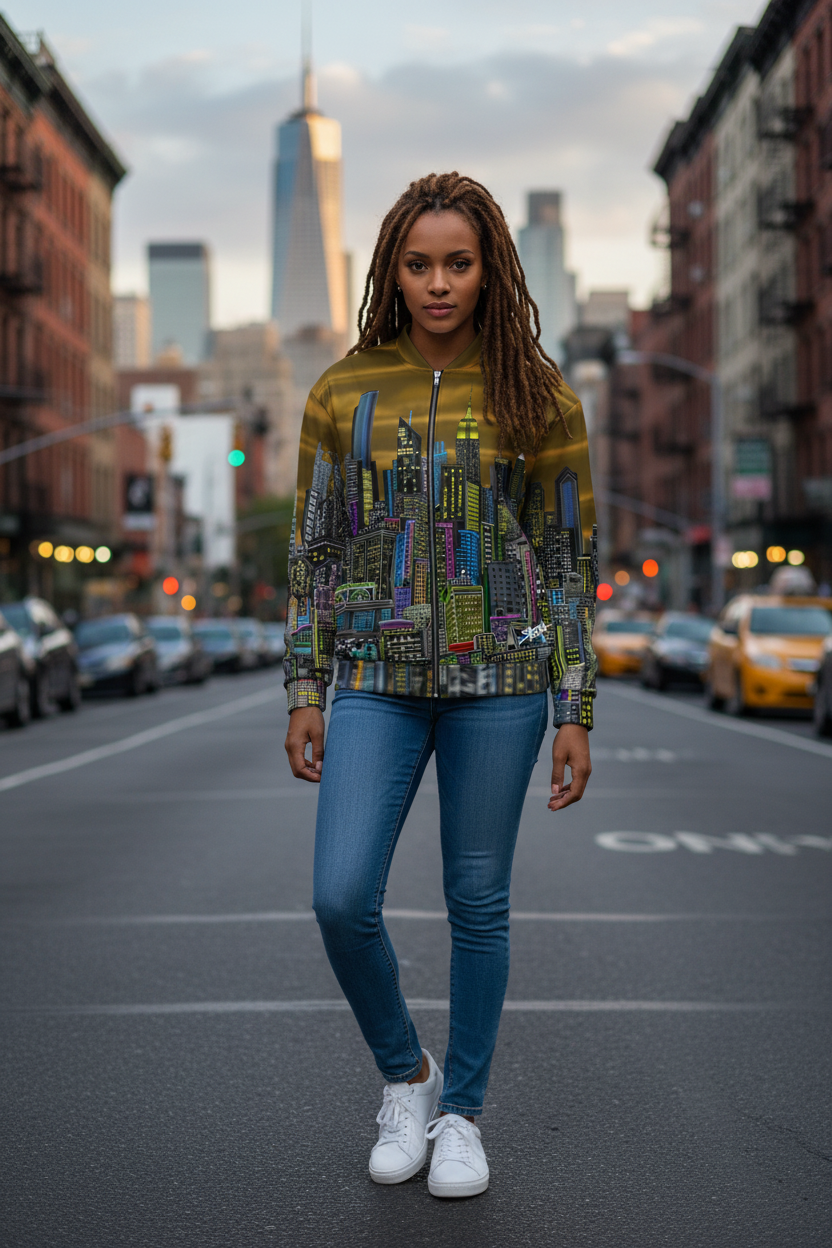 Person wearing a colorful Loria NYC Art hoodie and blue jeans standing on a city street.