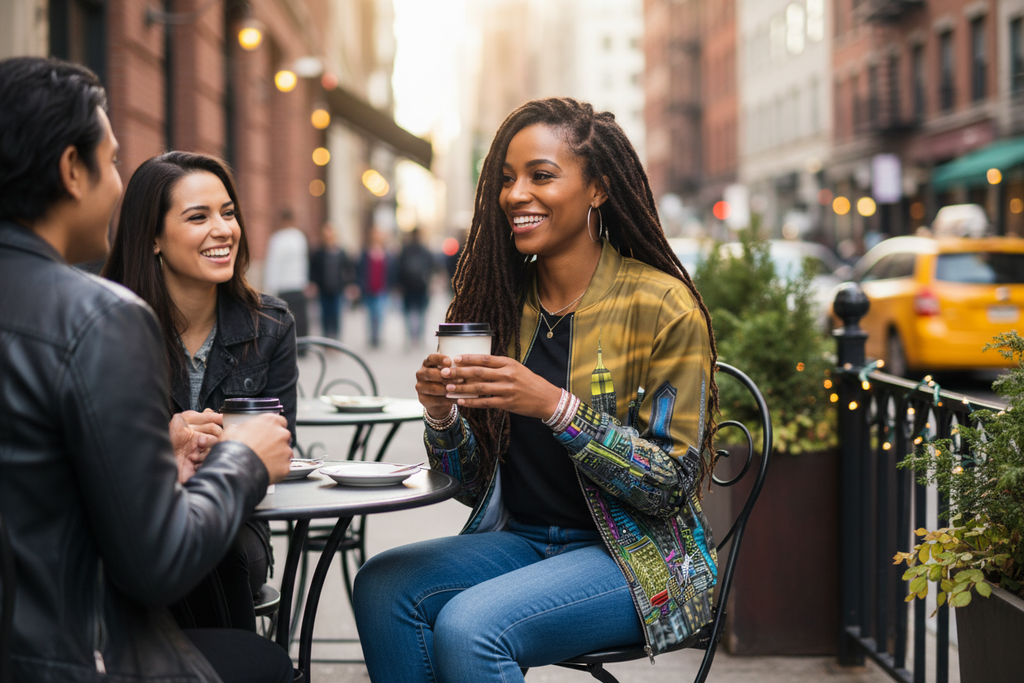 Girl sitting at a table wearing a Loria NYC Art skyline brown gold jacket holding a cup of coffee
