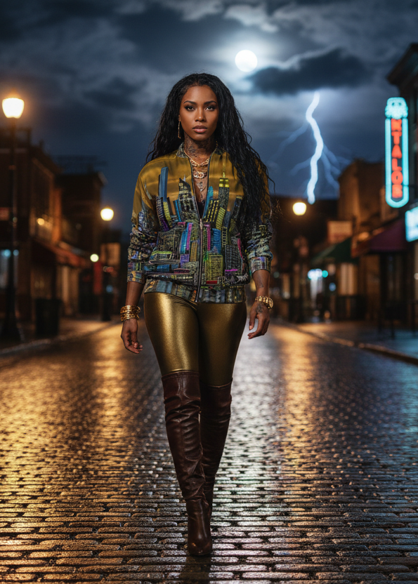 Woman walking on a rain-soaked street with neon signs and lightning in the background  in a stylish outfit and jacket designed by Loria NYC Art walking down a street with buildings and people in the background