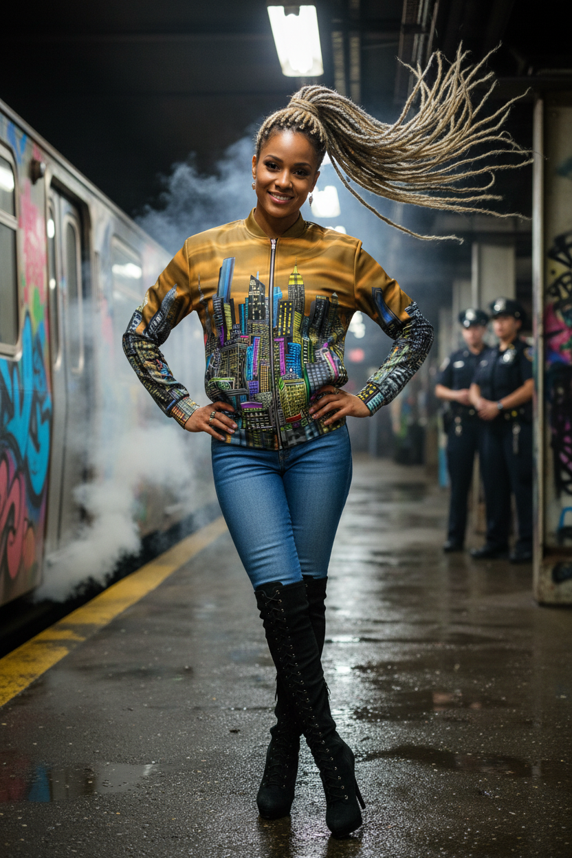 Woman in a colorful Loria NYC Art jacket and blue jeans standing on a subway platform with graffiti and police officers in the background.
