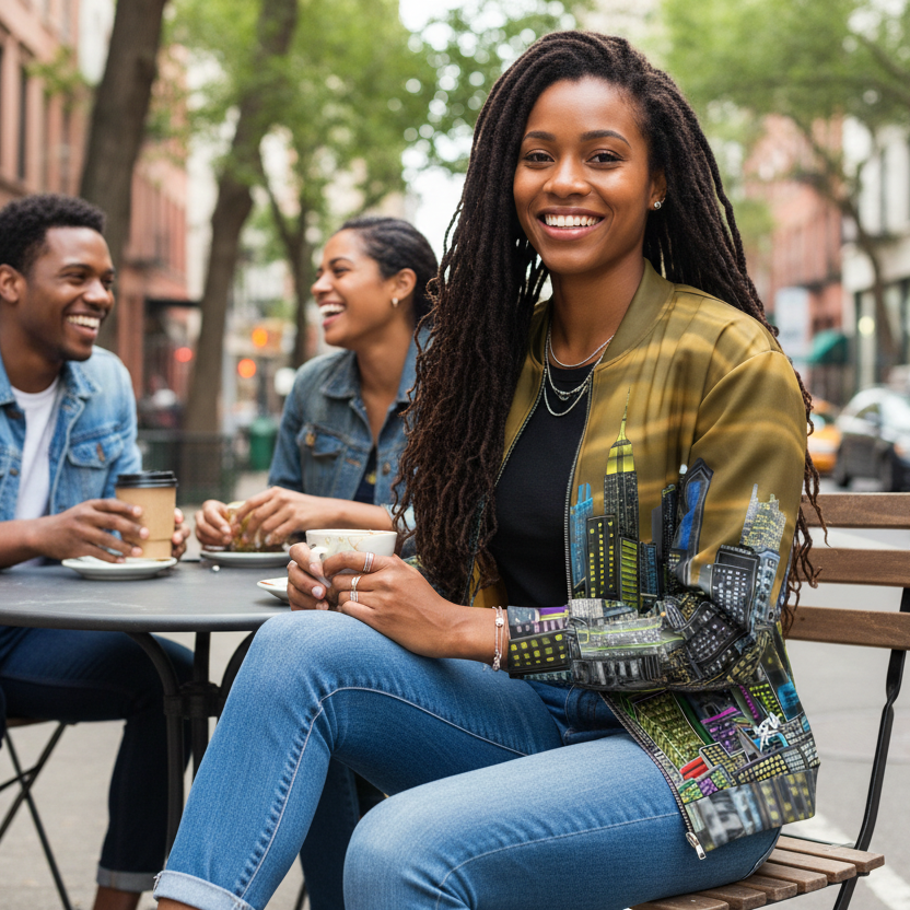 Women sitting at a table wearing a Loria NYC Art jacket outside in an urban setting.