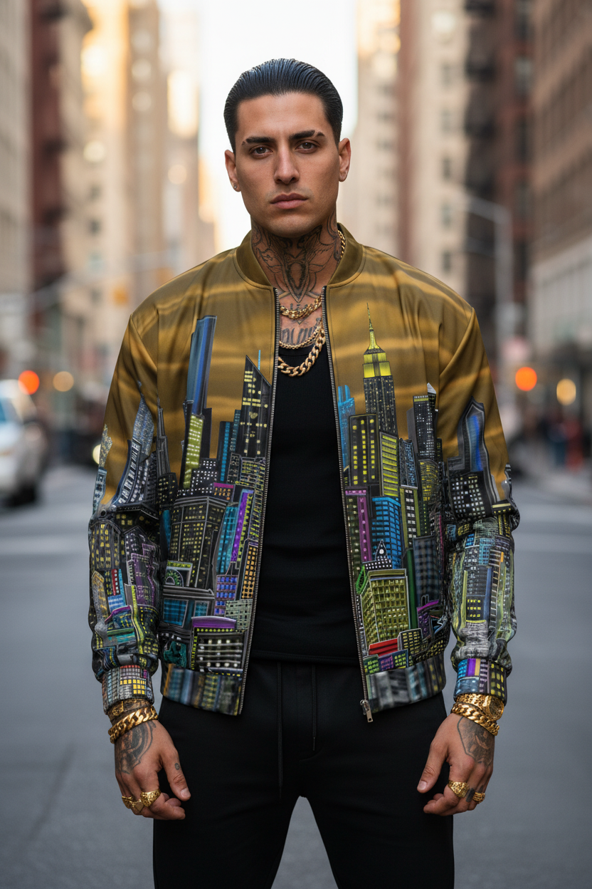 Man wearing a colorful jacket with cityscape Loria NYC Art design on a city street