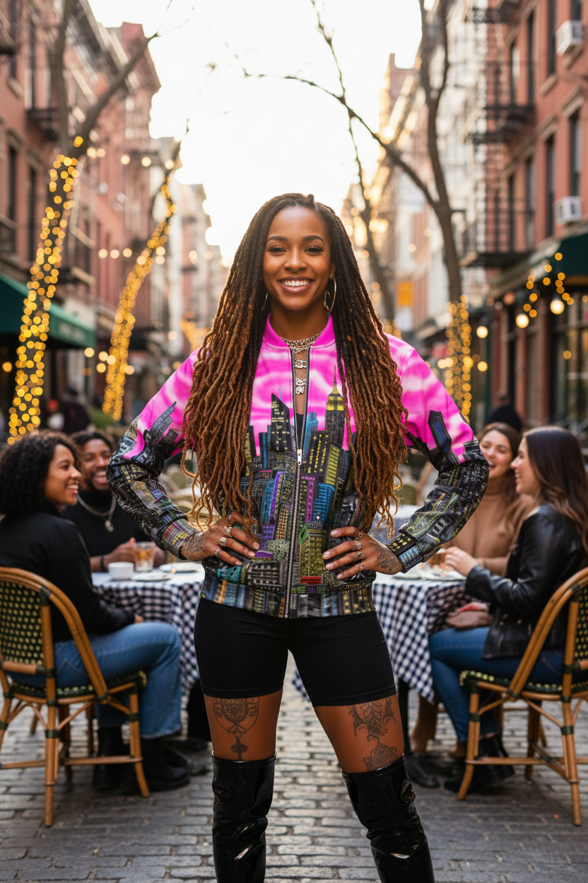 Women wearing a colorful Loria NYC Art jacket in an urban setting