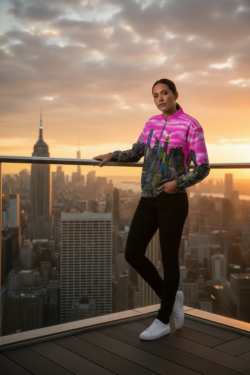 Person wearing a colorful jacket designed by Loria NYC Art standing on a balcony with a cityscape and sunset in the background