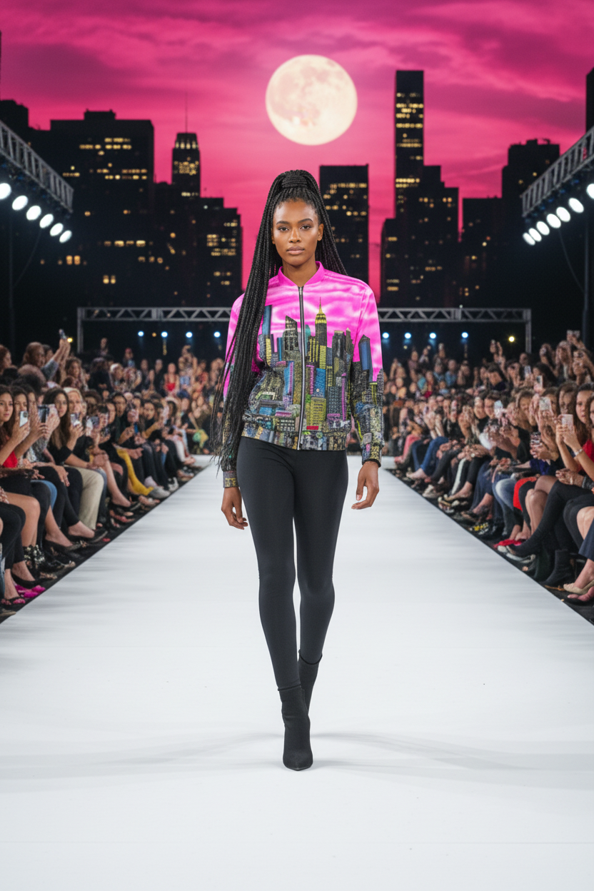 Model walking down a runway wearing jacket designed by Loria NYC Art, with a cityscape and pink moon in the background