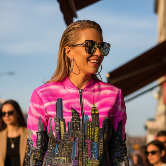 Women wearing bright pink Loria NYC Art jacket in an urban background.
