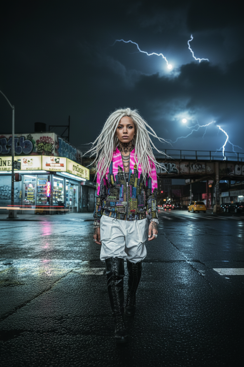 Person wearing Loria NYC Art jacket with long white hair and colorful jacket standing on a city street at night with lightning in the background