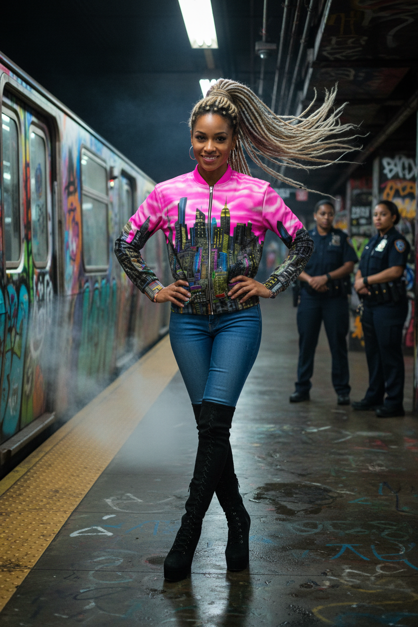 Person in a colorful Loria NYC Art jacket standing on a subway platform with graffiti and police officers in the background.