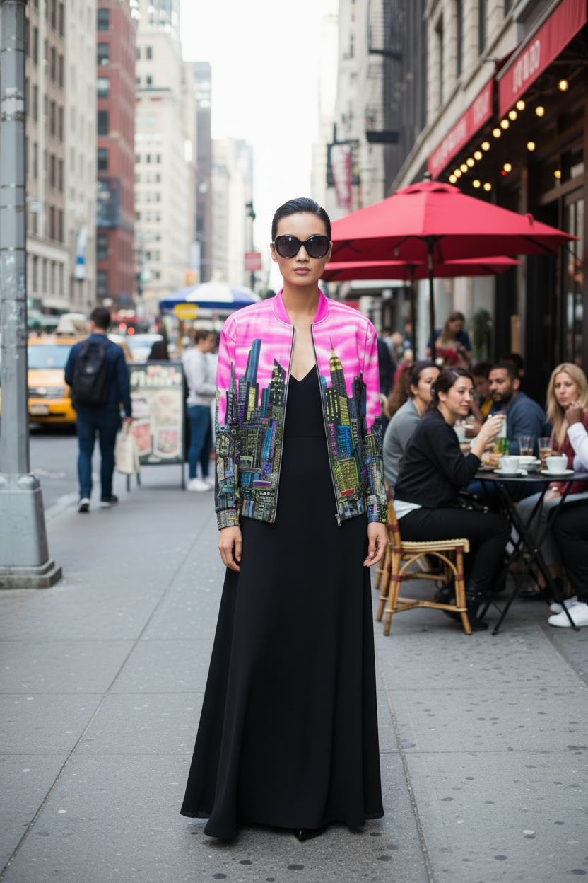 Woman in a colorful Loria NYC Art jacket standing on a city street with people sitting at outdoor tables in the background.