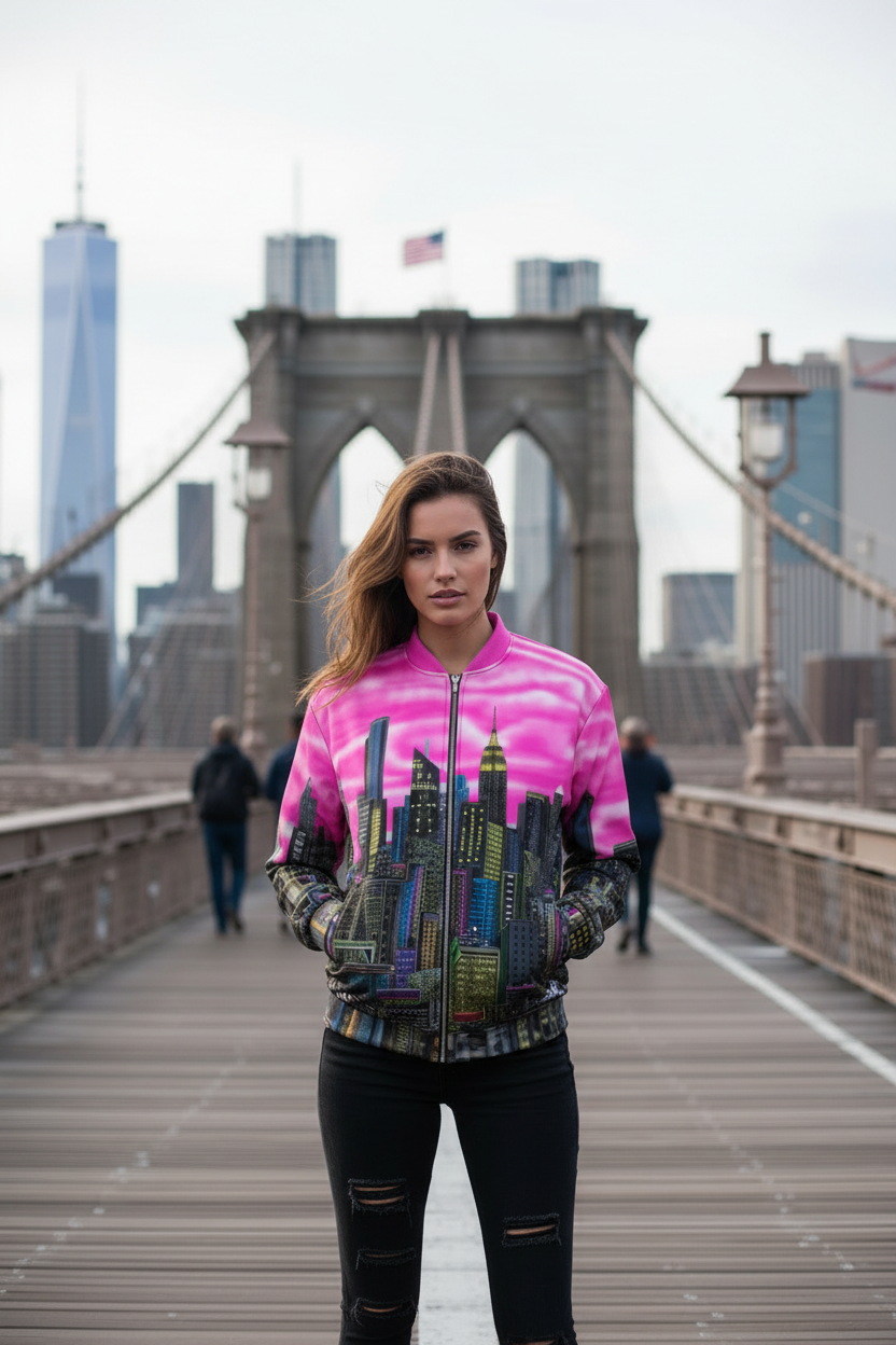 Person wearing a colorful Loria NYC Art jacket with a cityscape design on a bridge with a city skyline in the background