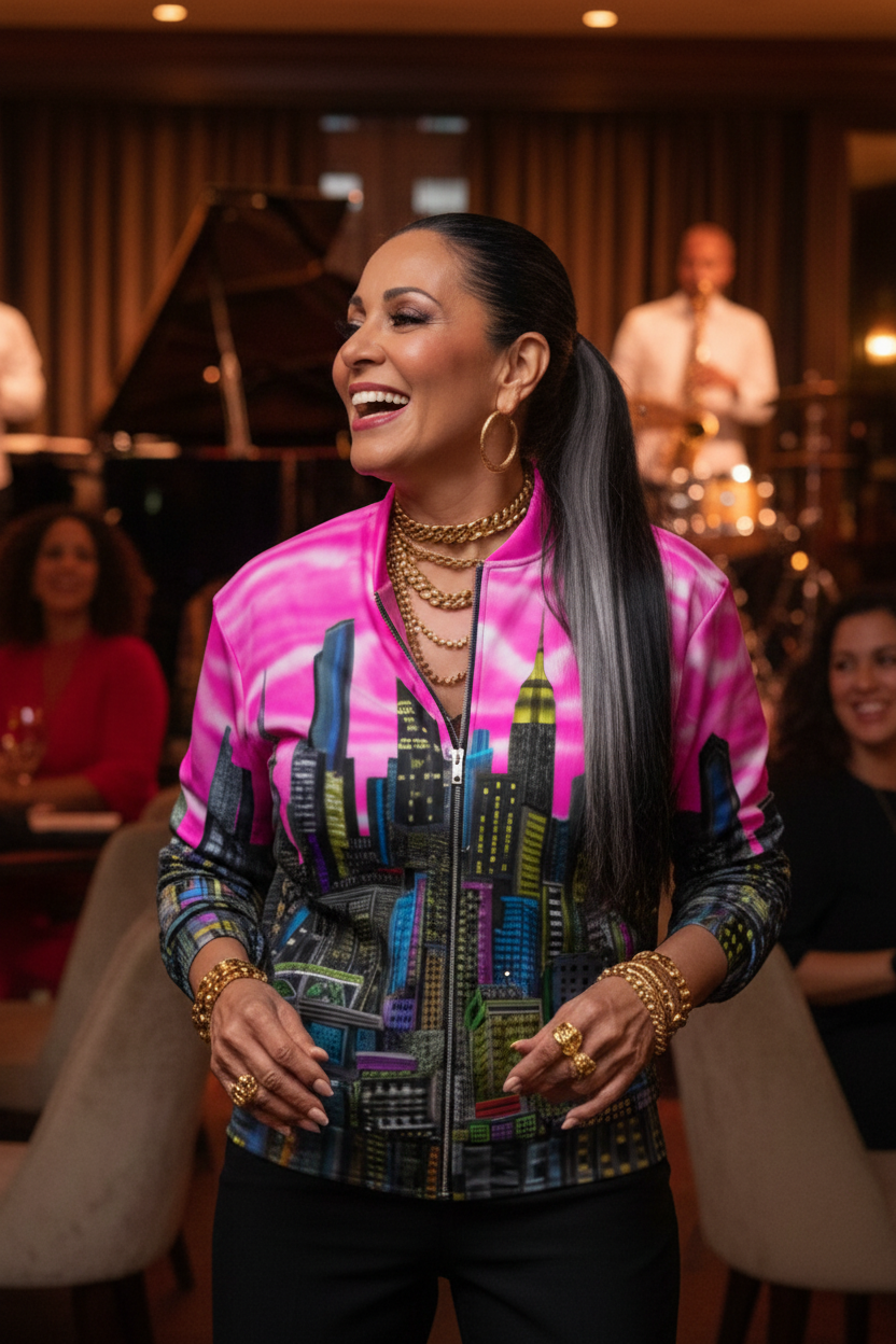 Woman in a colorful Loria NYC jacket standing in a lively restaurant with other patrons and musicians in the background.