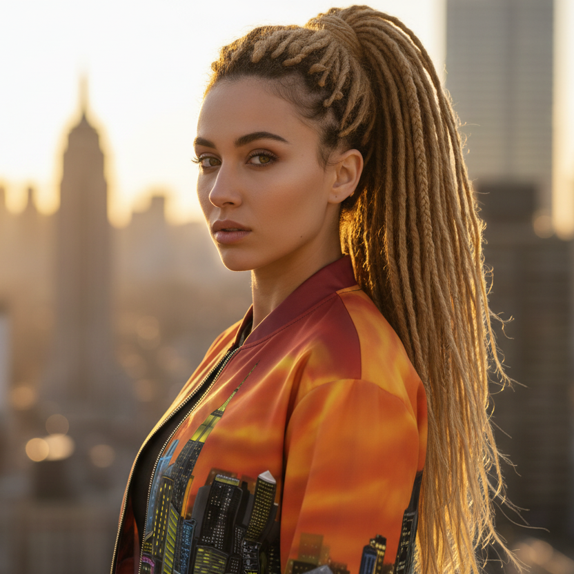 Woman with long braided hair wearing a colorful Loria NYC Art jacket with cityscape design, standing against a blurred city skyline.
