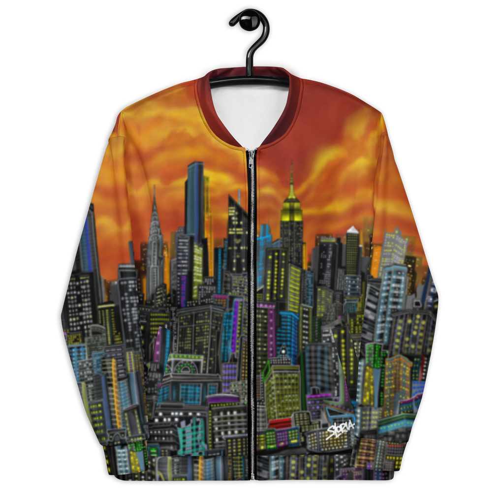 Jacket with cityscape Loria NYC Art design on a hanger against a white background