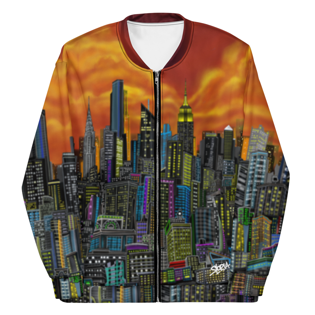 Jacket with a cityscape Loria NYC Art design on a white background