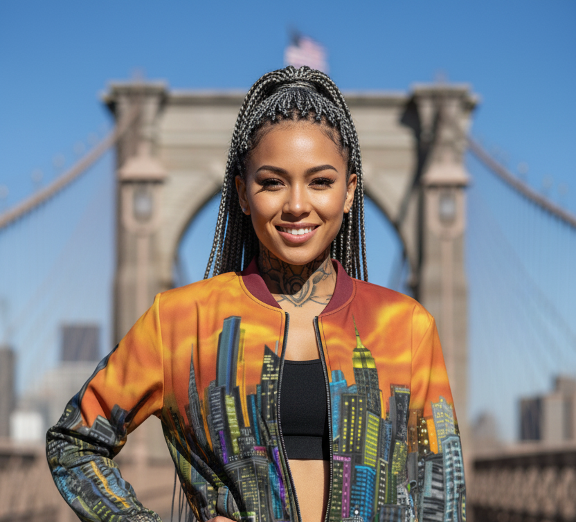 Women in front of Brooklyn bridge wearing an orange Loria NYC Art jacket