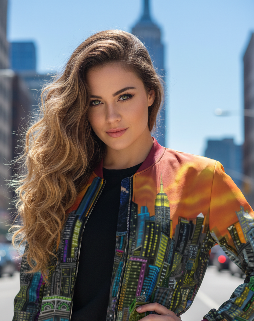 Women standing in front of the Empire State Building wearing a vibrant orange Loria NYC Art jacket