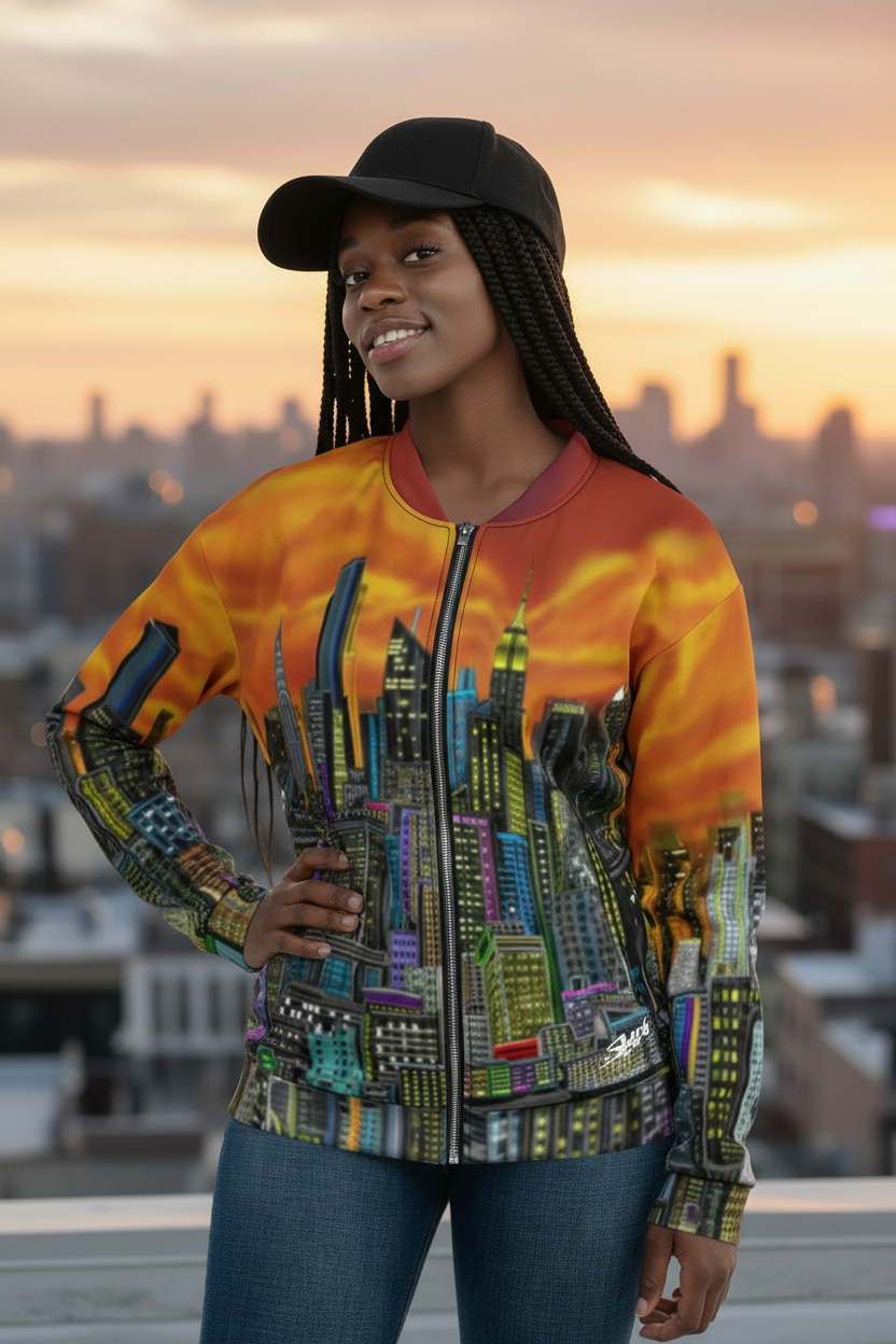 Person wearing a colorful Loria NYC Art cityscape jacket on a rooftop background