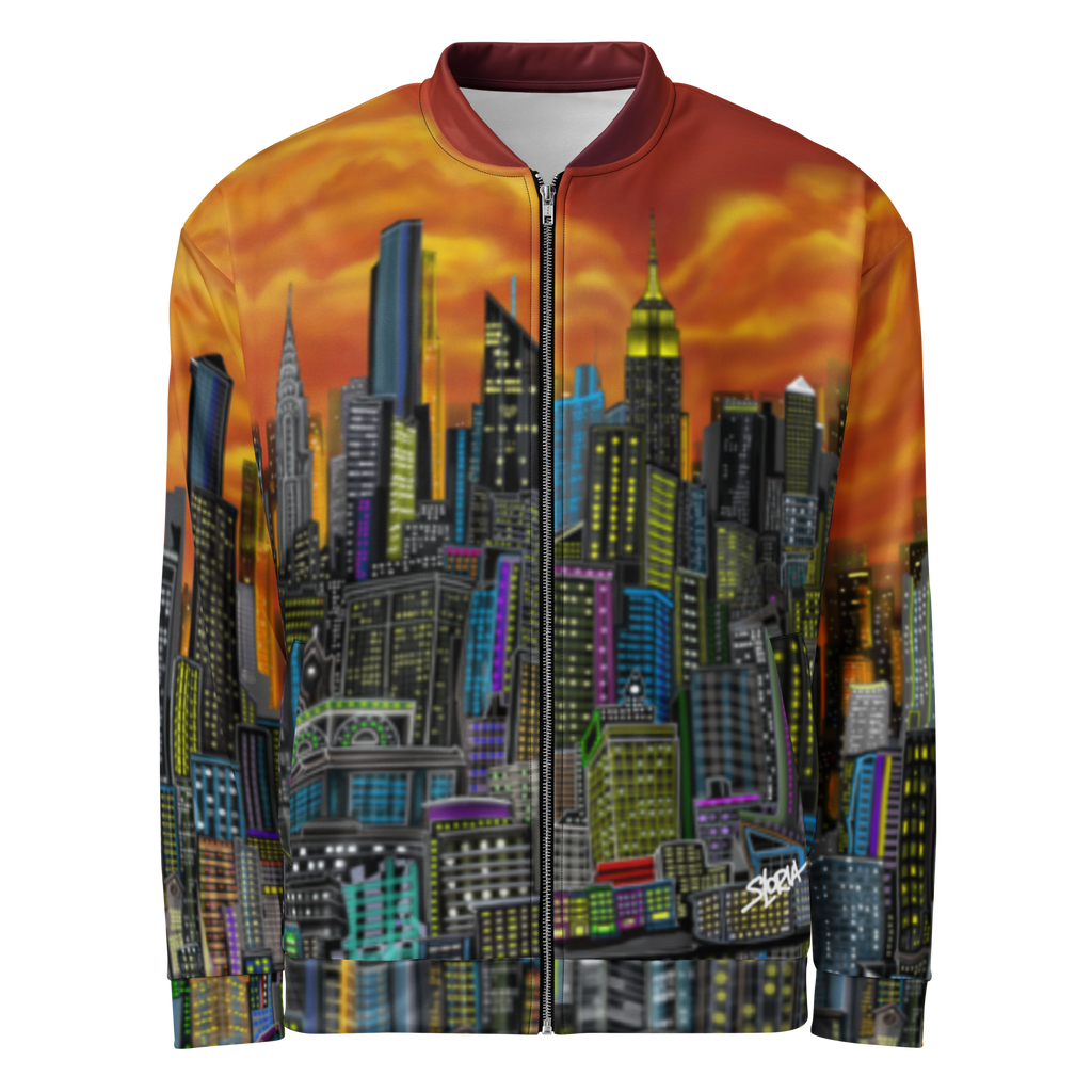 Jacket with a cityscape Loria NYC Art design on a white background