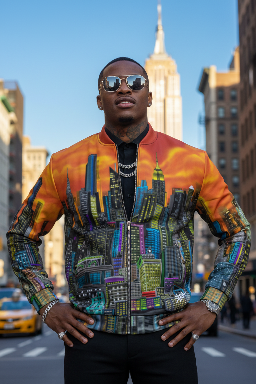 Person in front of the Empire State Building wearing a Loria NYC Art jacket