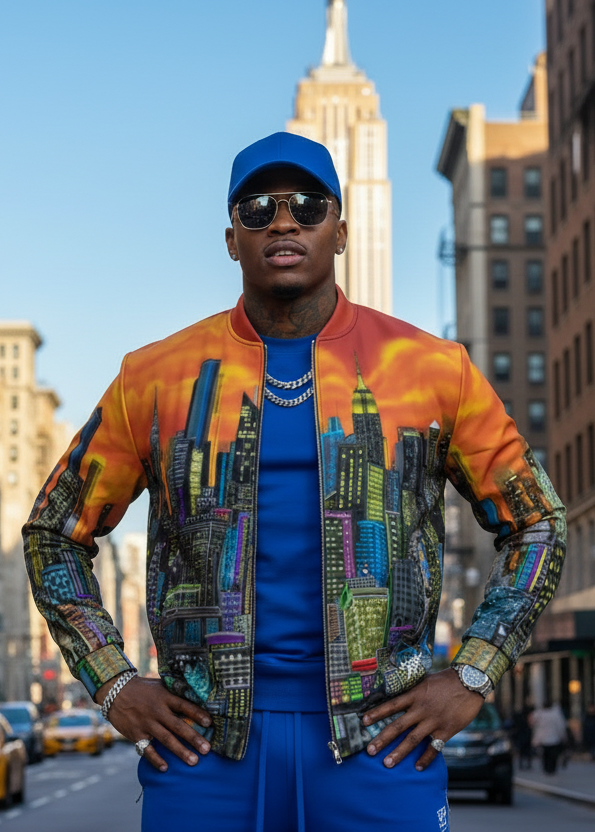 Man in colorful Loria NYC Art jacket and blue pants standing on a city street with tall buildings in the background
