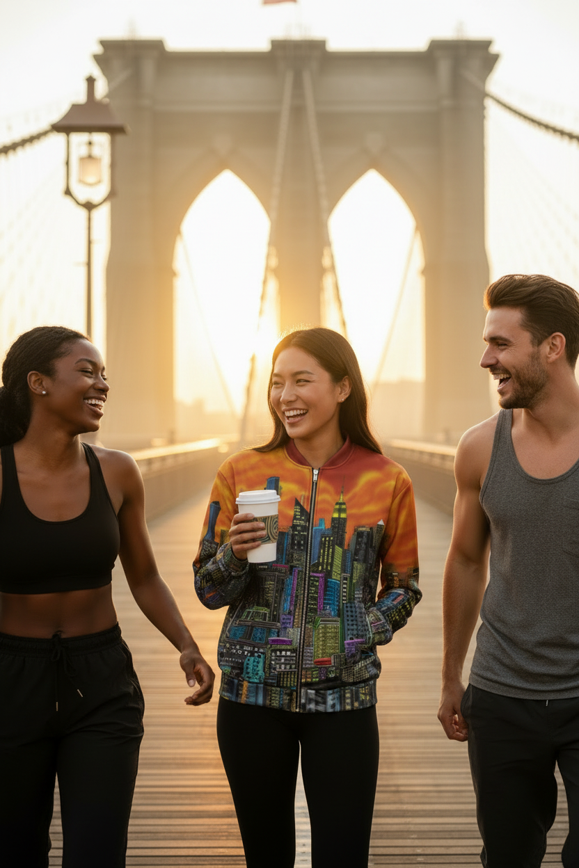Three people walking on a bridge with a girl wearing a Loria NYC Art city skyline orange jacket