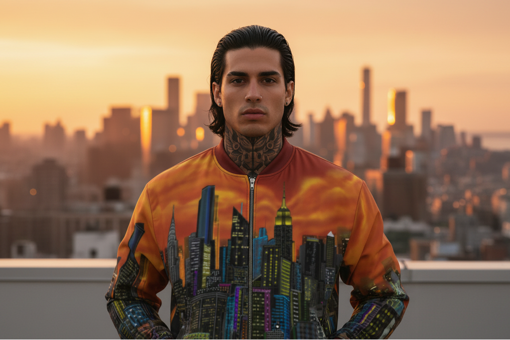 Person wearing a colorful Loria NYC Art jacket with cityscape design against a city skyline at sunset.