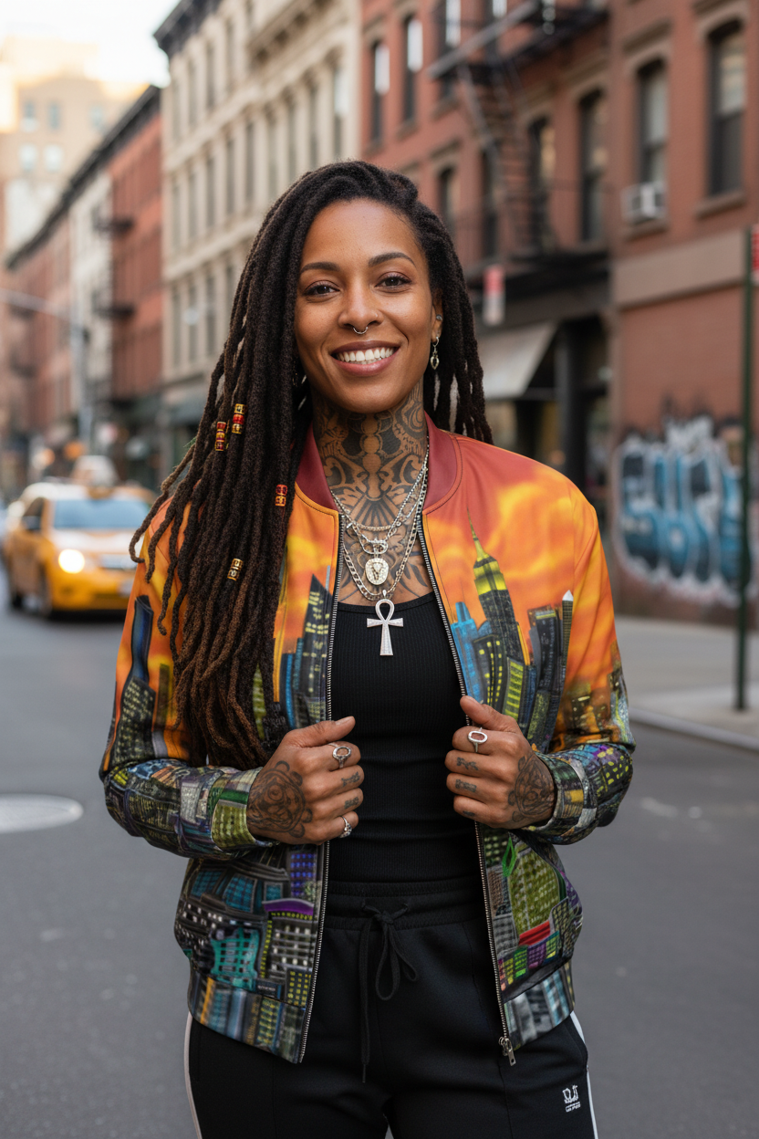 Woman with tattoos and Loria NYC Art colorful jacket standing on a city street