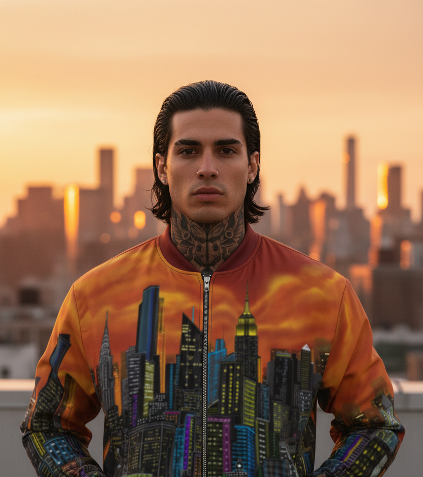 Person wearing a colorful Loria NYC Art jacket with cityscape design against a sunset skyline.