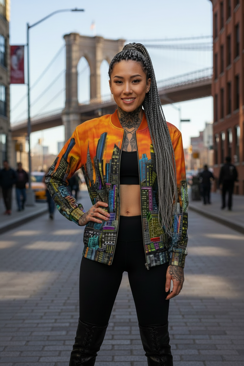 Women standing in front of Brooklyn bridge wearing a vibrant orange Loria NYC Art jacket.