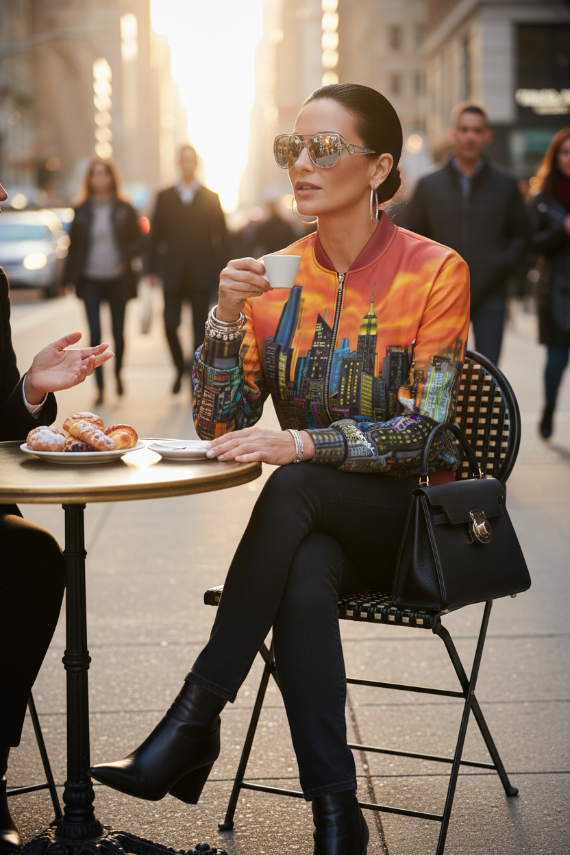 Women sitting down wearing an orange Loria NYC Art jacket having coffee at an outside cafe.