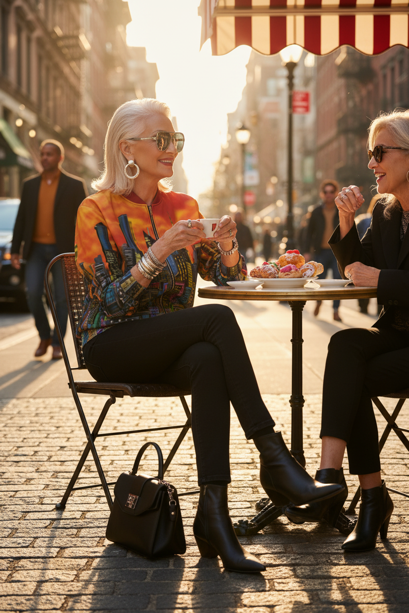 Women wearing an orange Loria NYC Art jacket enjoying coffee at an outside cafe.