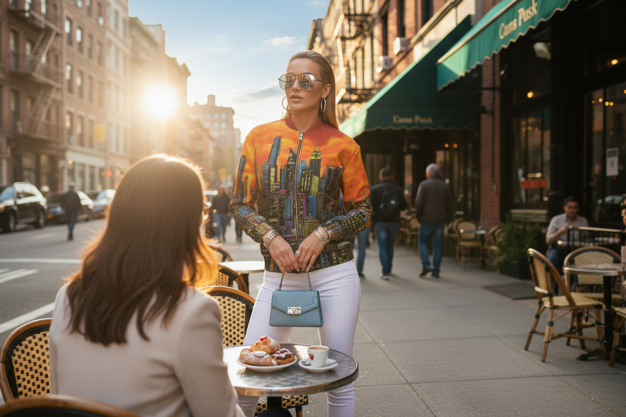 Woman in colorful Loria NYC Art Jacket standing on a city street with another person at a table.