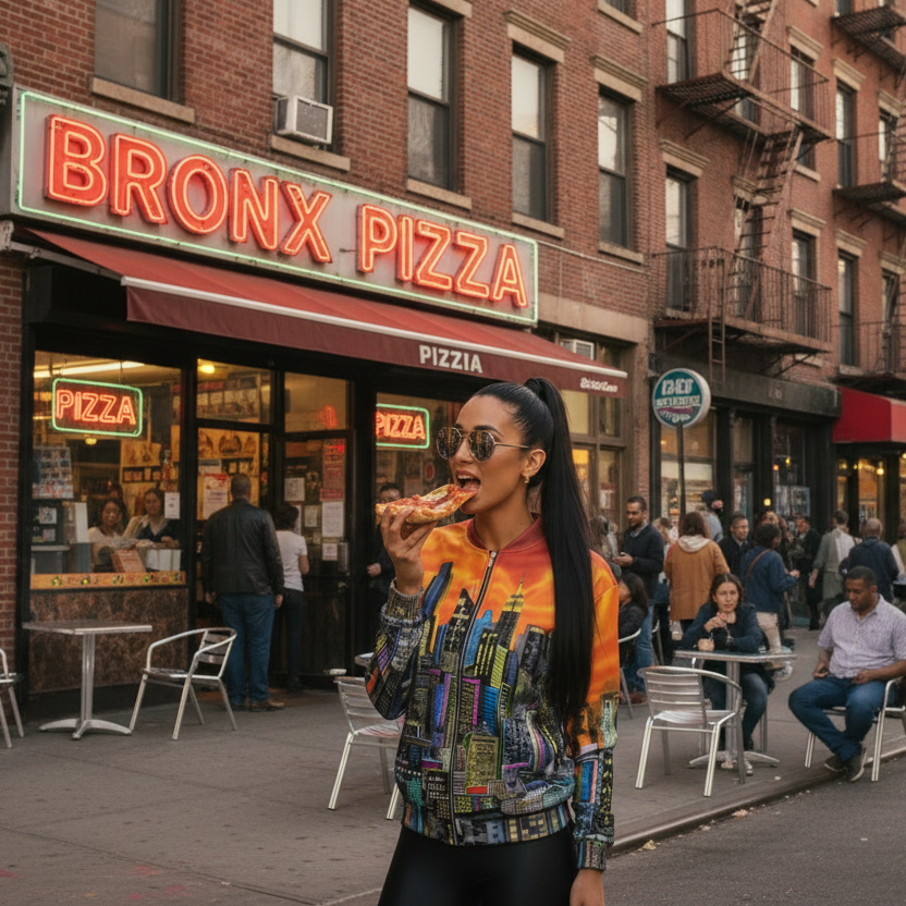Woman wearing an orange Loria NYC Art jacket eating a slice of pizza in front of a Bronx Pizza restaurant.