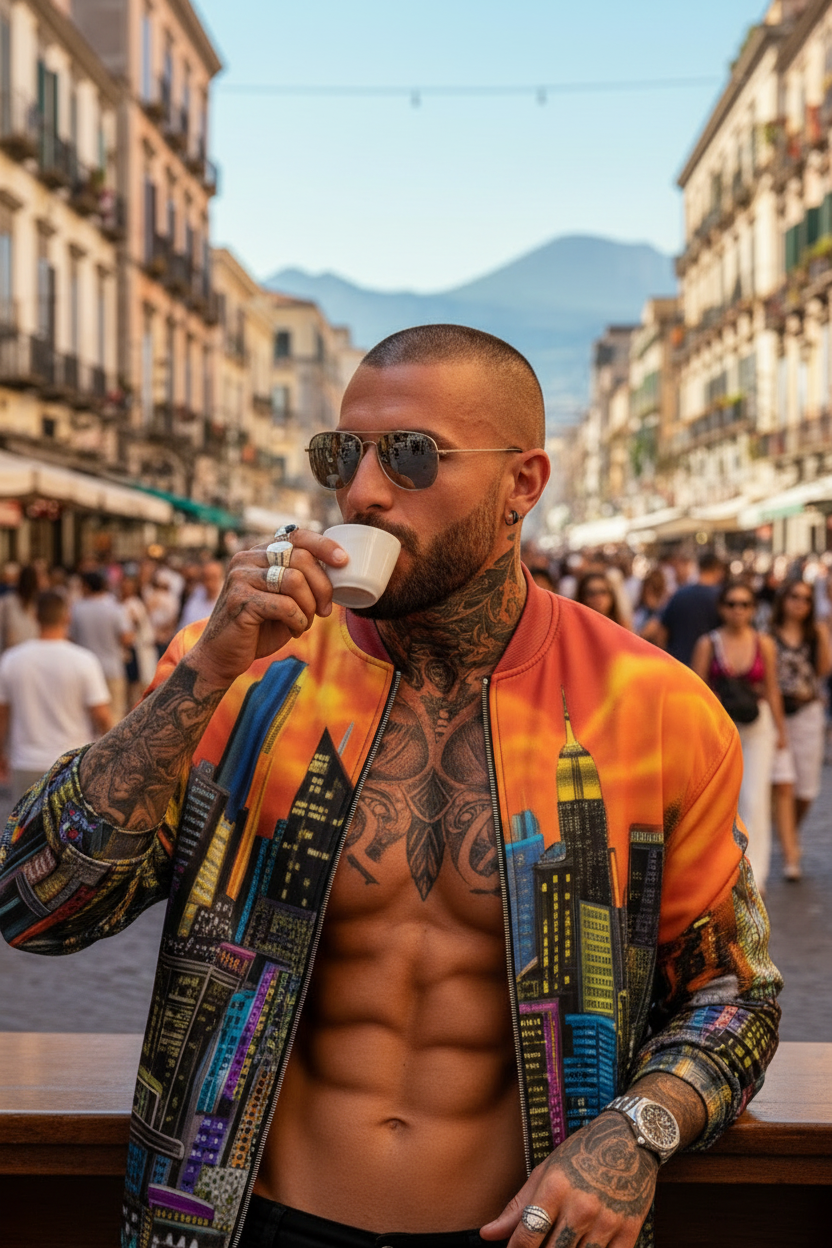 Man wearing a vibrant Loria NYC Art orange bomber jacket in Italy drinking an espresso.