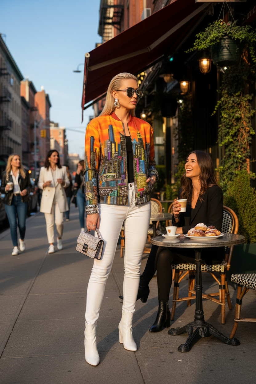 Women wearing a Loria NYC Art orange jacket in an outdoor setting.