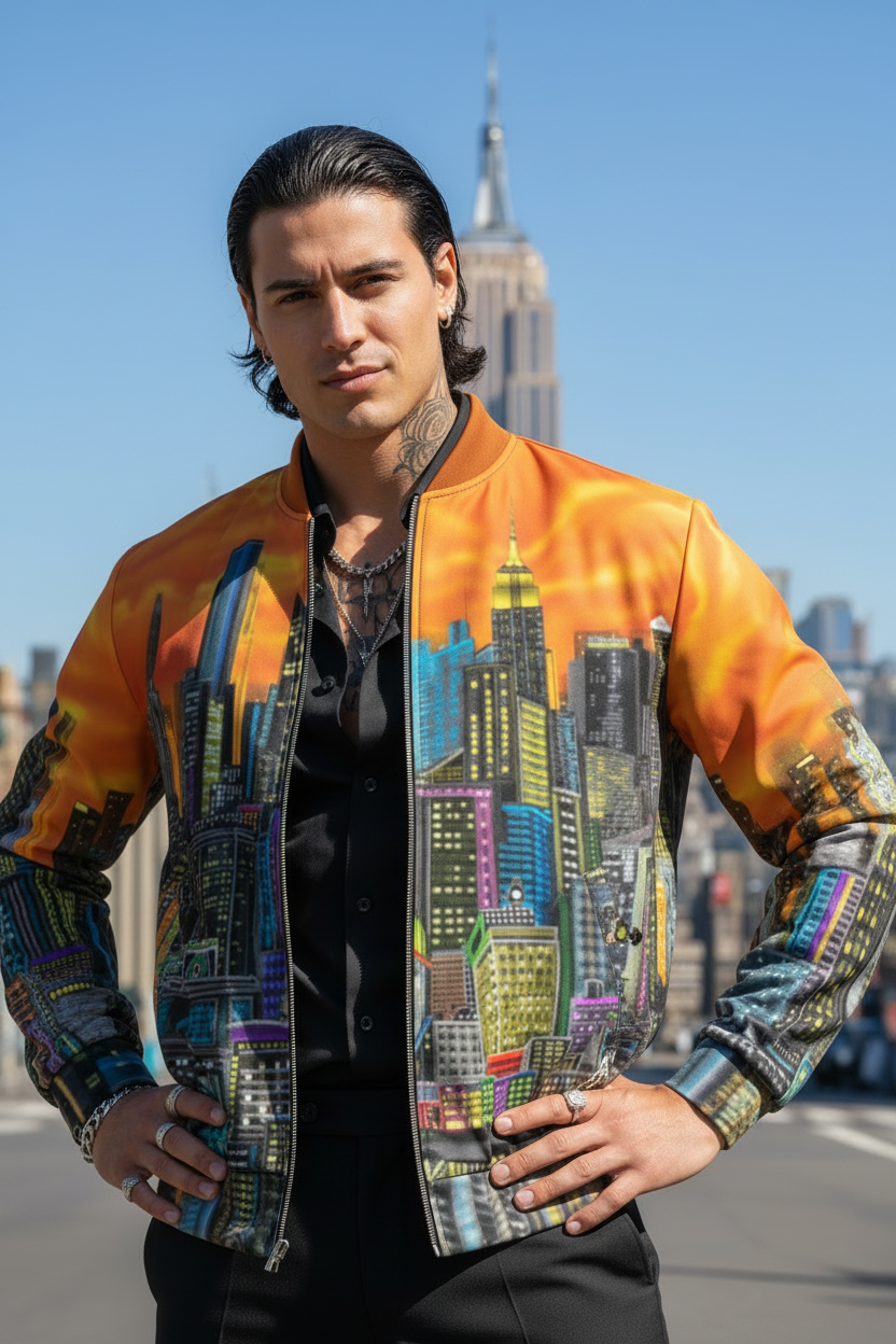 Man in in front of the Empire State Building wearing a Loria NYC Art jacket