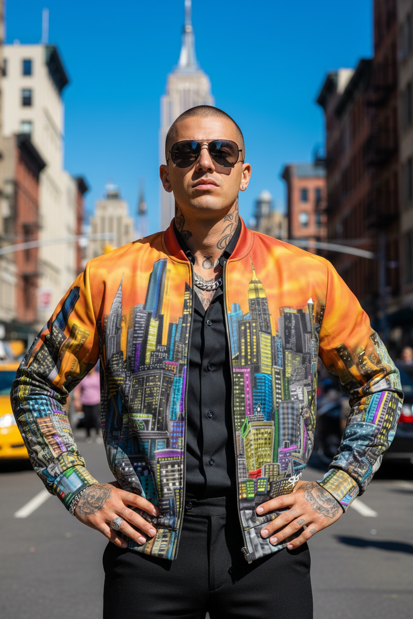 Man wearing a Loria NYC Art jacket outside on a street