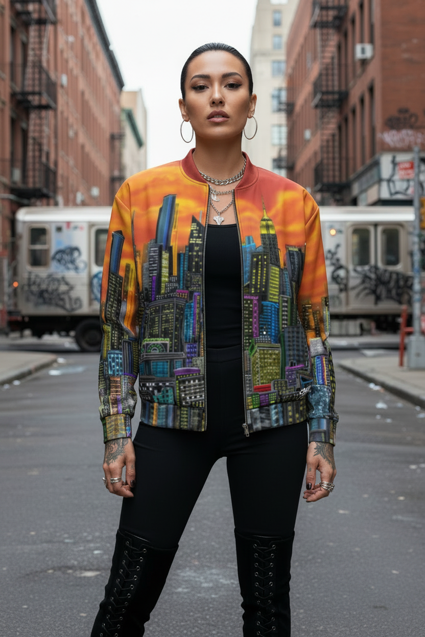 Person wearing a colorful Loria NYC Art jacket with a cityscape design on an urban street.