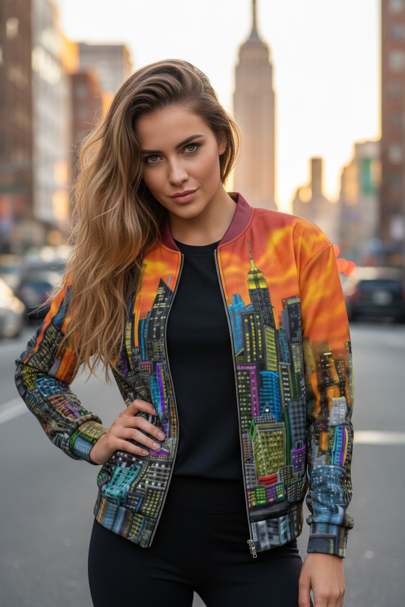 Person standing in front of the Empire State Building wearing a Loria NYC Art jacket