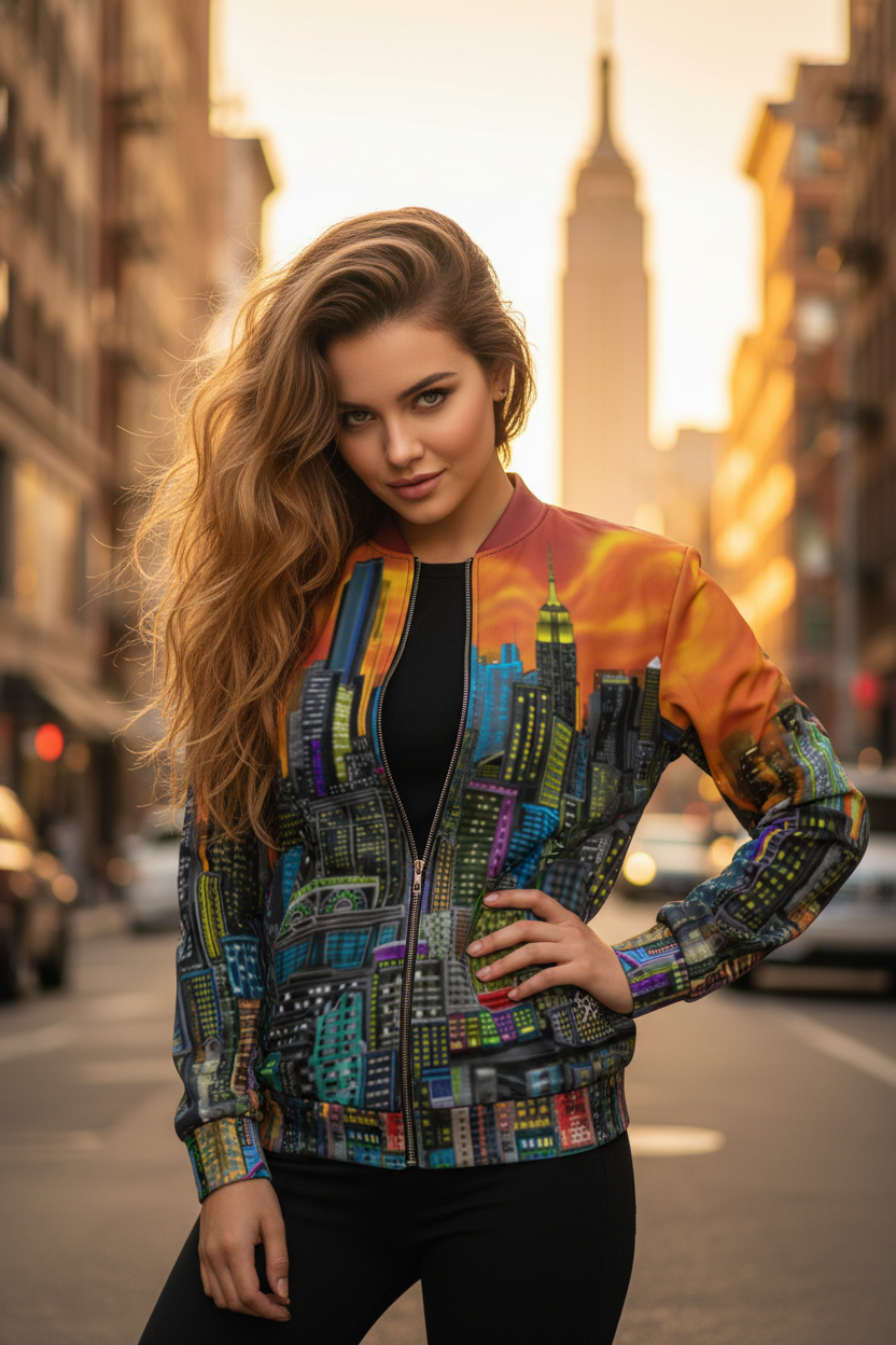 Women standing in an urban setting wearing a vibrant orange Loria NYC Art jacket 