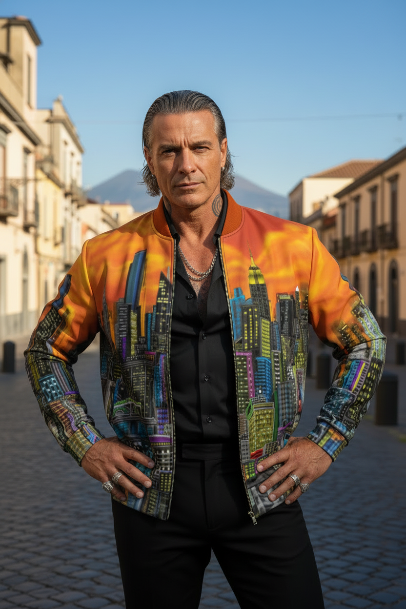 Man wearing an orange Loria NYC Art cityscape jacket on a European street