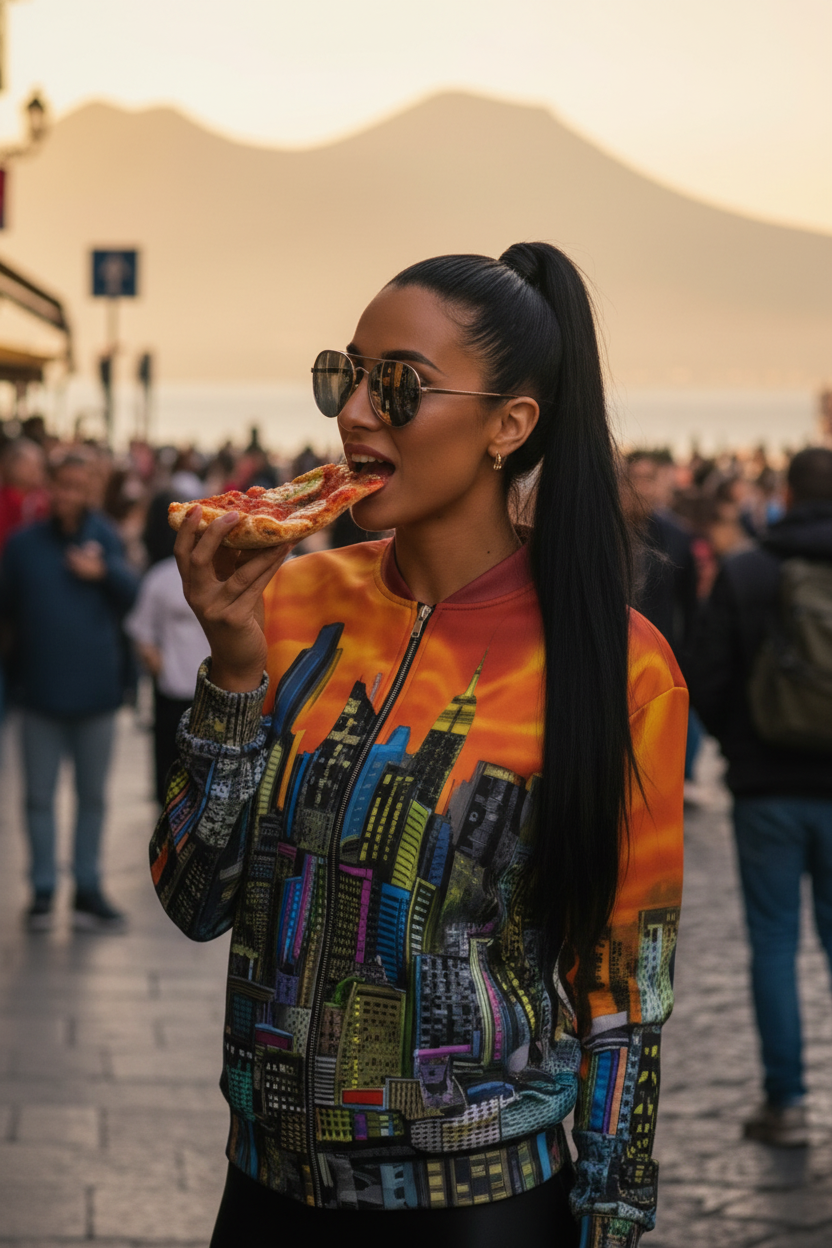 Women eats pizza wearing a orange colorful Loria NYC Art jacket in a European setting