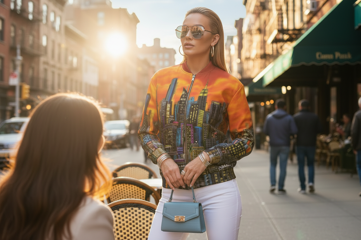 Woman in colorful Loria NYC Art jacket and sunglasses standing on a city street