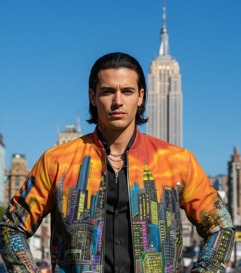 Man standing in in front of the Empire State Building wearing an orange Loria NYC Art jacket