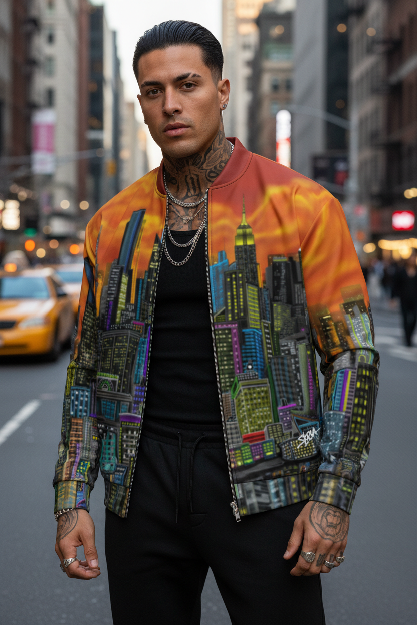 Man wearing a colorful Loria NYC Art cityscape jacket on a city street