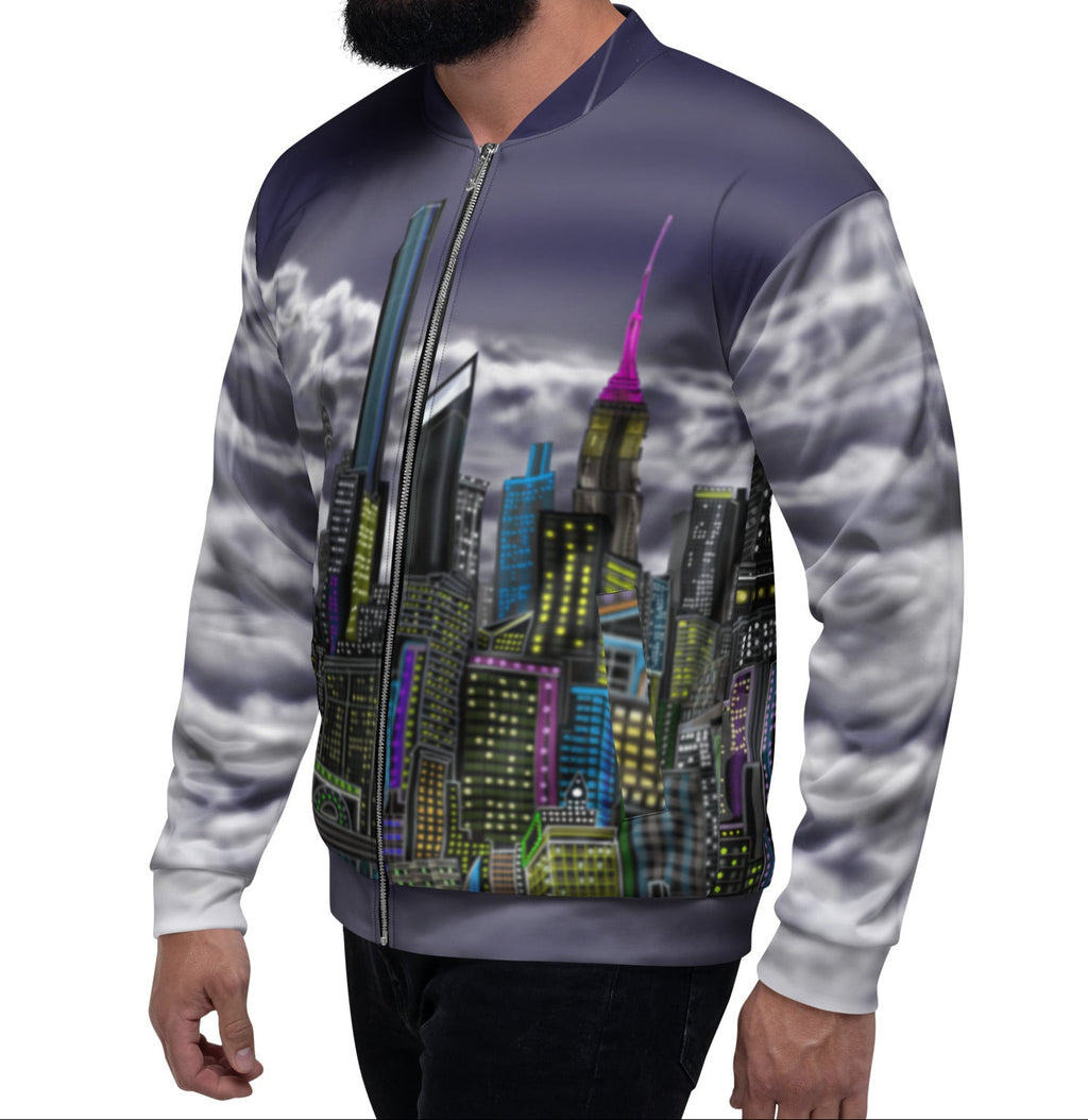 Man modeling a Loria NYC Art bomber Jacket with the city skyline.