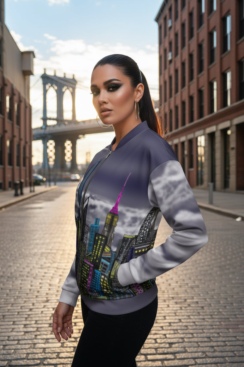 Women modeling a Bomber Jacket with the Bowery Cavaliere Notturno city skyline design by S.Loria NYC Art