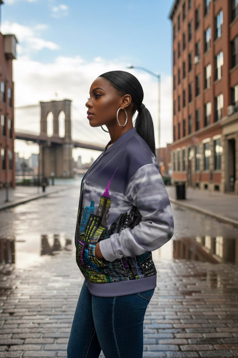 Women modeling a Loria NYC Art Jacket with an artistic skyline rendition 