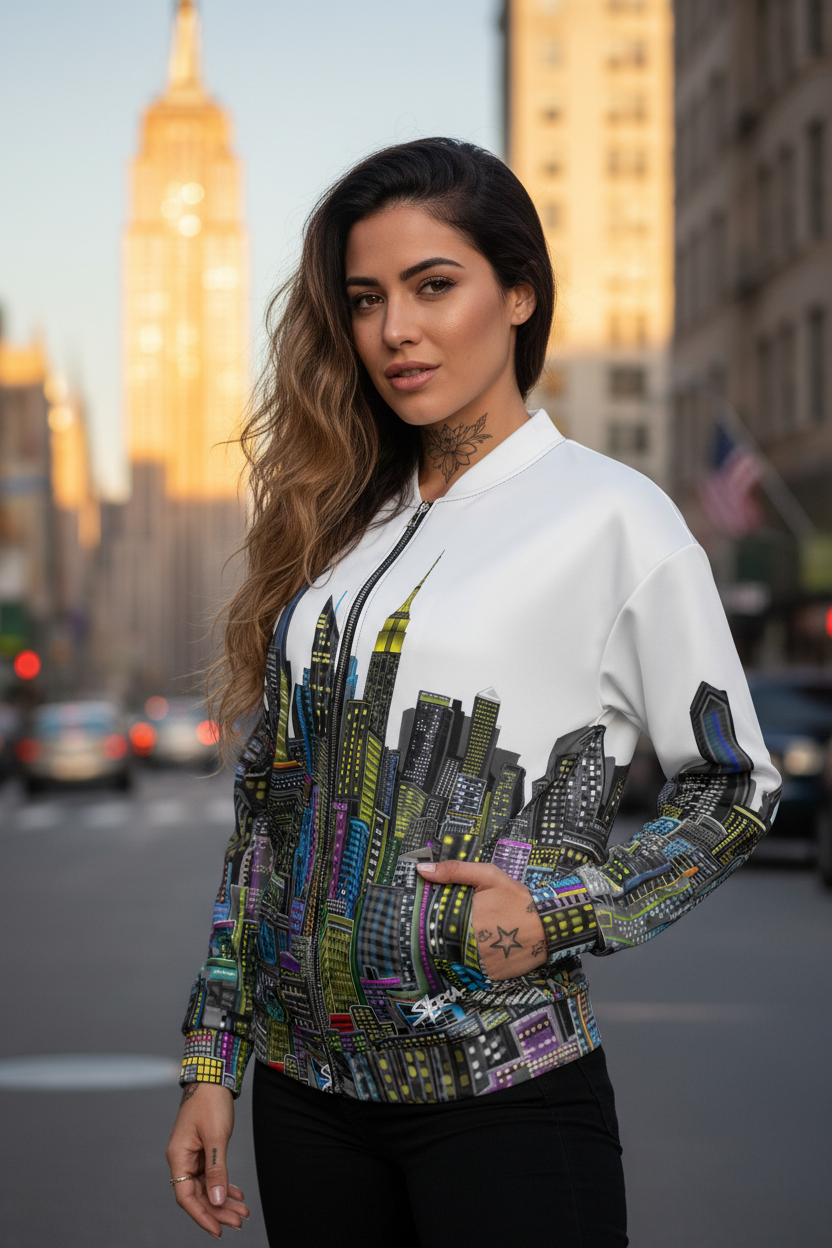 Woman wearing a colorful Loria NYC Art cityscape jacket in an urban setting